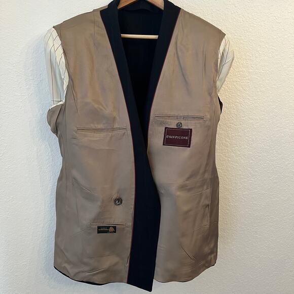 Vintage Evan Picone Suit 41R 34W Wool Double Breasted Navy Chalk Stripe Pleated - Picture 10 of 16